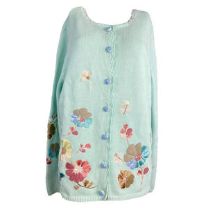 NWT So Forth Cardigan Womens Sz M Blue Green Aqua Linen‎ Floral Beaded Sweater
